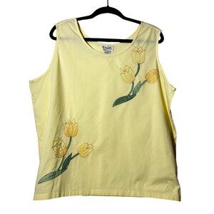 Lemon Yellow Embroidered Tulips Tank Top, 100% Cotton, New York Boutique, 2X